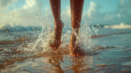 Fototapeten sea summer, woman legs bare foot walk sand beach make sea water splashes. seaside in evening light. girl tourist on summer vacation on tropical island resort, back view © suphakphen