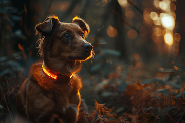 a dog with a glow collar in the dark forest