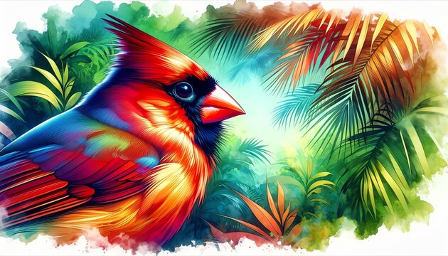 Vibrant Watercolor Painting of Northern Cardinal Bird