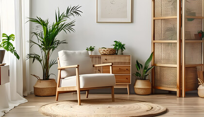 New interior of living room with comfortable armchair, chest of drawers, folding screen and houseplants