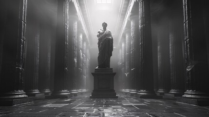 a dark of minimalist landscape depicting an ancient Greek society steeped in stoicism. Showcase ancient Greek architecture in black and white with a single monumental statue - Powered by Adobe