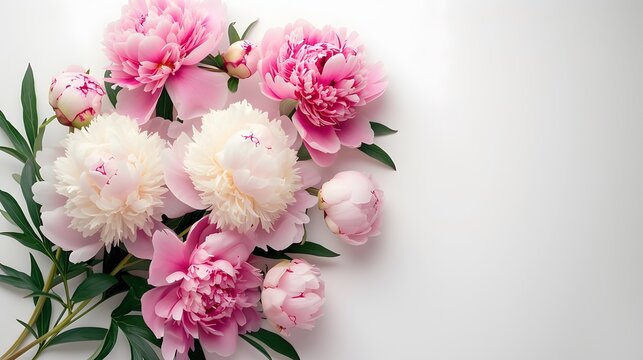 bouquet of pink peonies with space for text. mothers day card. wedding banner. Shop, beauty salon, season menu.