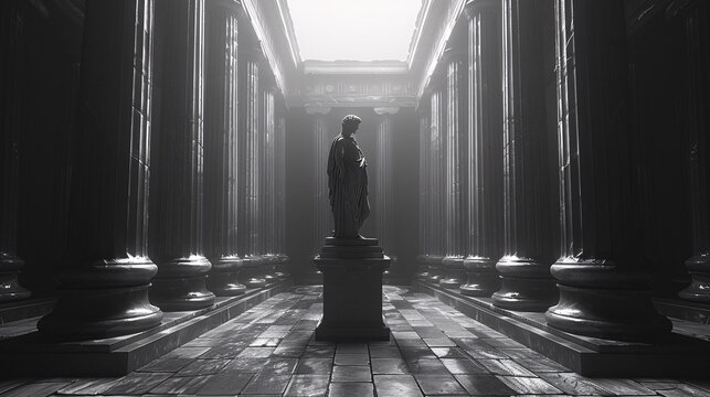 a dark of minimalist landscape depicting an ancient Greek society steeped in stoicism. Showcase ancient Greek architecture in black and white with a single monumental statue
