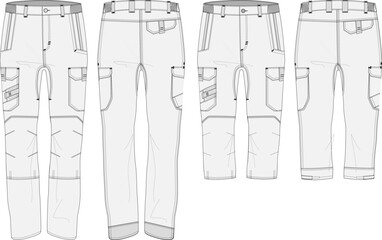 Work pant and capri set technical workwear fashion illustration isolated front and back views on a transparent background - obrazy, fototapety, plakaty
