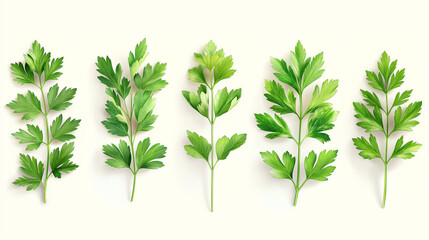 Mediterranean herbs and spices set of fresh, healthy parsley leaves, twigs, and a small bunch isolated over a white background, cooking, food or diet and nutrition design elements.