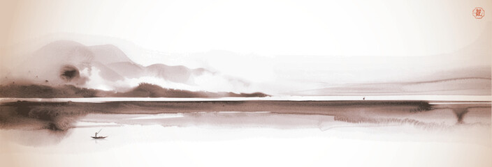 Ink wash painting of panorama with a lone fisherman on calm waters and distant mountains. Traditional oriental ink painting sumi-e, u-sin, go-hua in vintage style. Hieroglyph - life energy