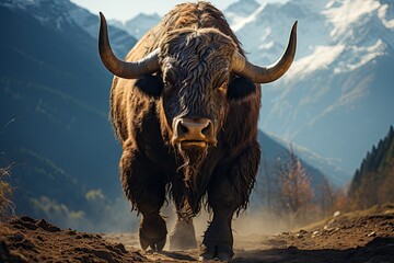 Lone bull stands out in the mountains., generative IA - obrazy, fototapety, plakaty