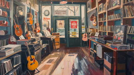 Artistic depiction of a cozy, retro music store full of vinyl records and guitars - obrazy, fototapety, plakaty