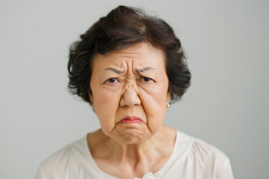 怒っている顔のシニアの日本人女性（おばあさん・おばあちゃん・イライラ・ストレス）
