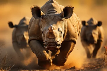 Sierkussen Babies rhinos play around their mother in the savannah., generative IA © JONATAS
