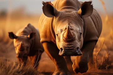  Babies rhinos play around their mother in the savannah., generative IA © JONATAS