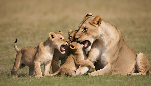 A Lioness And Her Cubs Playing Together