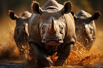 Rhinos in migration, raising dust on the arid earth., generative IA