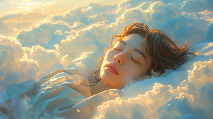 Obraz premium young asian woman sleeping on the clouds. colours light blue and white, generative ai