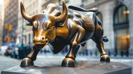 Charging Bull Sculpture in Financial District - obrazy, fototapety, plakaty