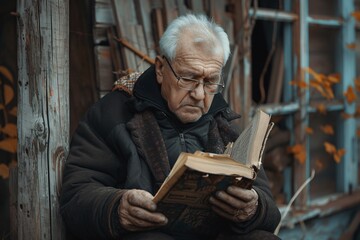 An elderly man deeply engaged in reading a book. He is seated beside a rustic wooden cabin with autumn leaves in the background. The man appears contemplative and at peace. - obrazy, fototapety, plakaty