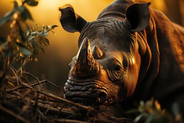 Fototapeta na wymiar Ranger monitors rhino using tracking technology., generative IA