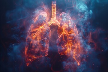 A conceptual 3D image of oxygen - rich blood flowing through pulmonary arteries into the lung, depicting respiratory circulation - obrazy, fototapety, plakaty