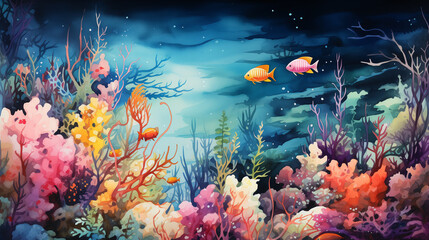 In vivid watercolors, an underwater world bursts forth with vibrant hues, capturing the bustling vitality of a teeming coral reef environment.