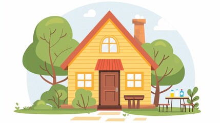 Charming digital illustration of a cozy bed and breakfast set in a serene environment