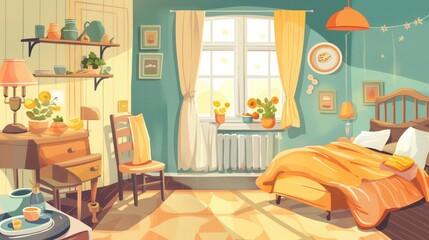 Cozy illustrated guestroom with warm bedding, vintage decor, and a sunny window view