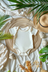 Summer Baby Outfit with Hat and Onesie on a White Background

