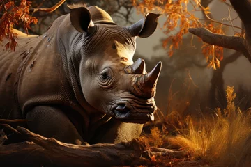Wandcirkels tuinposter Lonely rhino resting in the shadow of a tree., generative IA © JONATAS