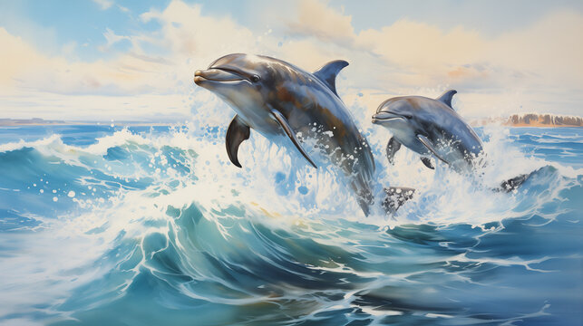 Explore the playful spirit of marine life with this captivating digital painting of dolphins leaping over ocean waves.