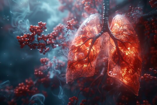 A conceptual 3D image of oxygen - rich blood flowing through pulmonary arteries into the lung, depicting respiratory circulation