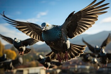 Pigeons in flight synchronized in the sky., generative IA
