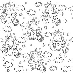 Cute unicorn with wings isolated seamless pattern. Vector illustration coloring book for children. One line - 767976528