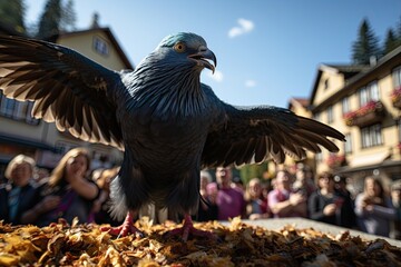 Crowd feeding pigeons in a tourist scenario., generative IA