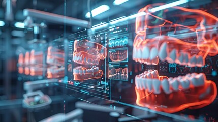 a futuristic dental analysis scene of multiple holographic displays reveal various angles and cross-sections of a patient's dental structure. - obrazy, fototapety, plakaty