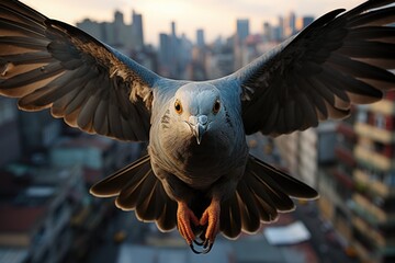 Pigeon flying skillfully between urban buildings., generative IA