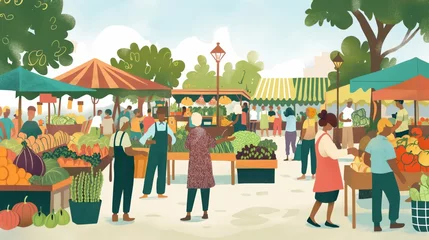 Poster Colorful illustration of a vibrant farmers market scene with shoppers and fresh produce stalls © Татьяна Евдокимова
