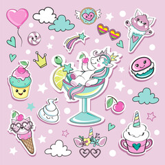 Fashion patch badges with a unicorn, a cute cat and sweets in the style of kawaii on a pink background - 767976795