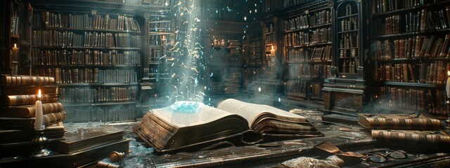 A magical library with floating books and holographic texts, where ancient 2D manuscripts coexist with 3D enchanted artifacts - obrazy, fototapety, plakaty