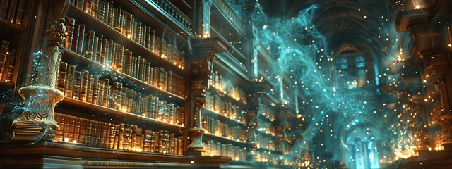 A magical library with floating books and holographic texts, where ancient 2D manuscripts coexist with 3D enchanted artifacts