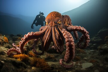 Divers admire the intelligence of a colorful octopus., generative IA - obrazy, fototapety, plakaty
