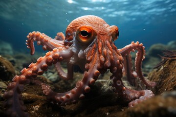 Camouflaged octopus avoids cavity sharks., generative IA - obrazy, fototapety, plakaty