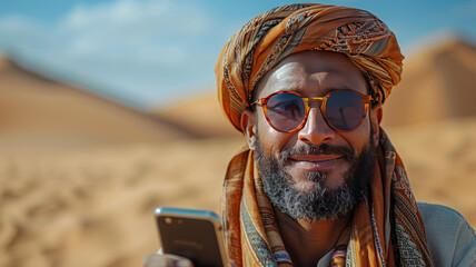 arabic man with a phone standing in desert wearing an arabian outfit, smiling,generative ai