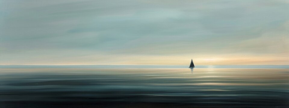 A minimalist painting of a calm sea at twilight, with a lone sailboat in the distance.