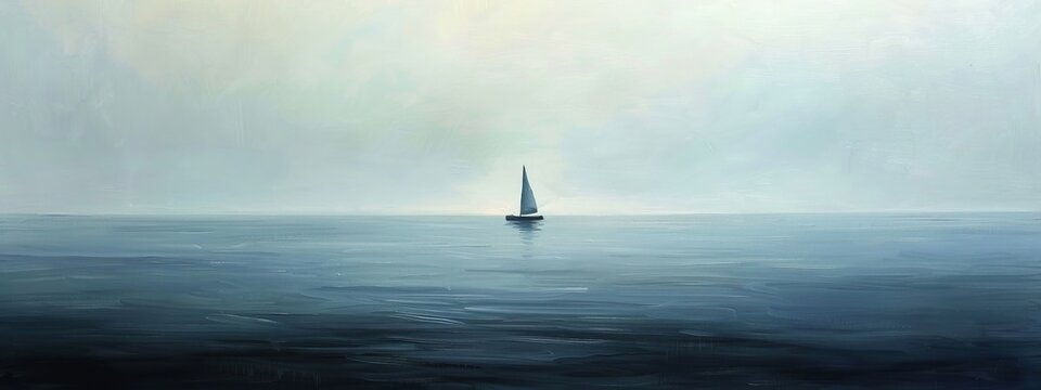A minimalist painting of a calm sea at twilight, with a lone sailboat in the distance.