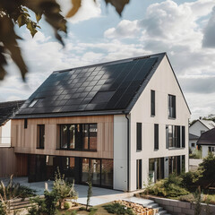 Newly built house villa with solar panels attached on the roof against a sunny sky Close up of new building with black solar panels during spring. 3d render.