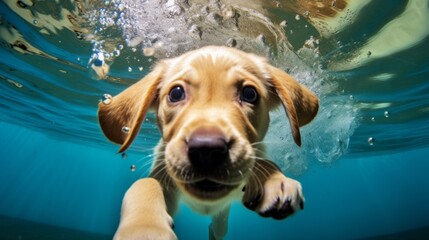 A dog is swimming underwater and looking up at the camera