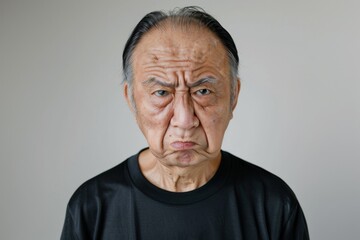 怒っている顔のシニアの日本人男性（おじいさん・おじいちゃん・イライラ・不満・ストレス）