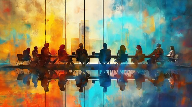 Abstract and colorful painting of diverse executives collaborating in a modern boardroom during a strategic business meeting