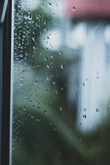 Close-up image of a window pane with water droplets running down the glass