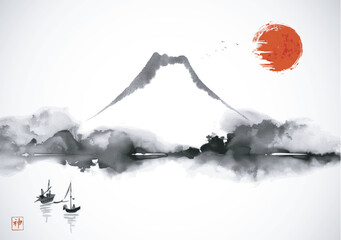 Monochrome ink wash painting with big red sun over Fuji mountain, a fisherman, flying birds and trees reflecting in water. Hieroglyph - spirit - 767977727