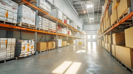 Warehouse with many boxes, white light